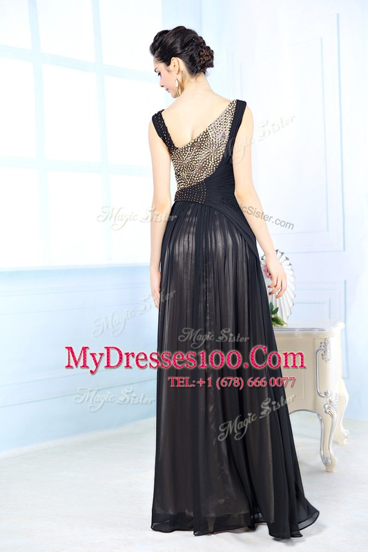 Black Chiffon Side Zipper Homecoming Dress Sleeveless Floor Length Beading