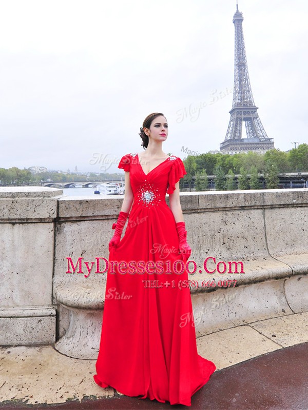 Deluxe With Train Red Evening Dress V-neck Cap Sleeves Brush Train Lace Up