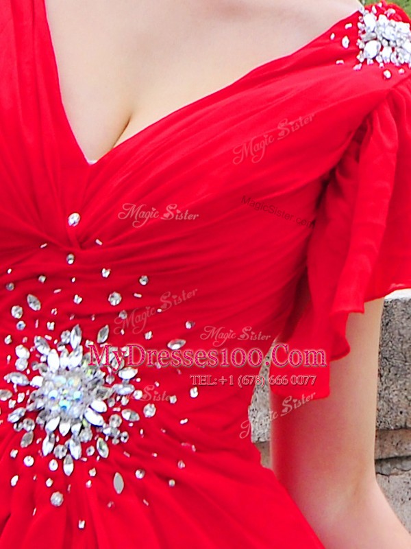 Deluxe With Train Red Evening Dress V-neck Cap Sleeves Brush Train Lace Up