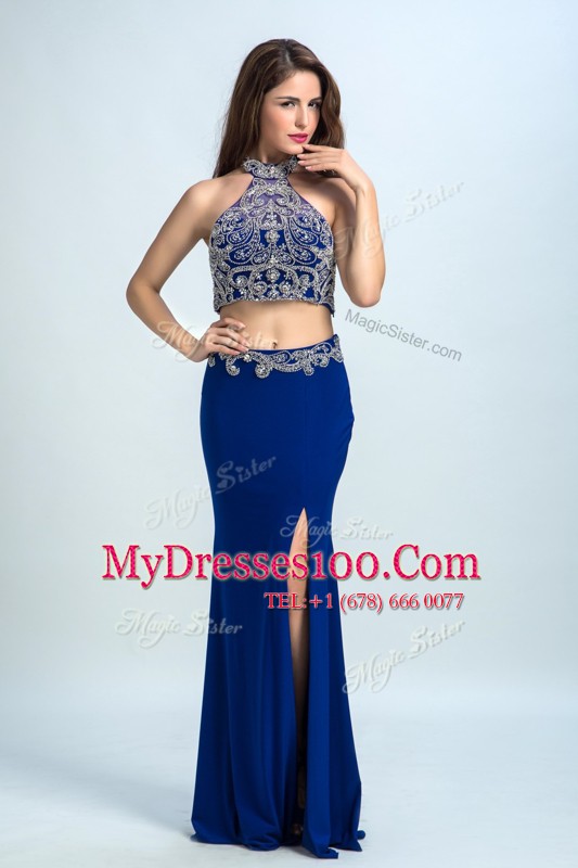 Exceptional Royal Blue Column/Sheath Chiffon Halter Top Sleeveless Beading Floor Length Backless Dress for Prom
