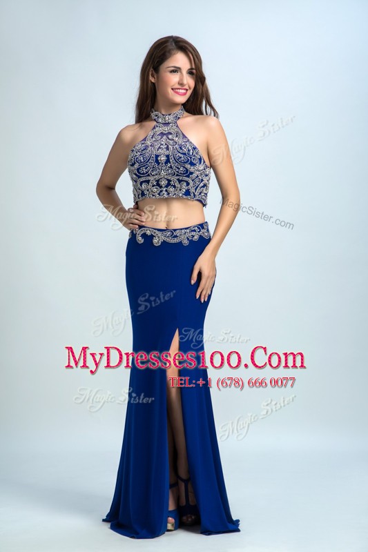 Exceptional Royal Blue Column/Sheath Chiffon Halter Top Sleeveless Beading Floor Length Backless Dress for Prom