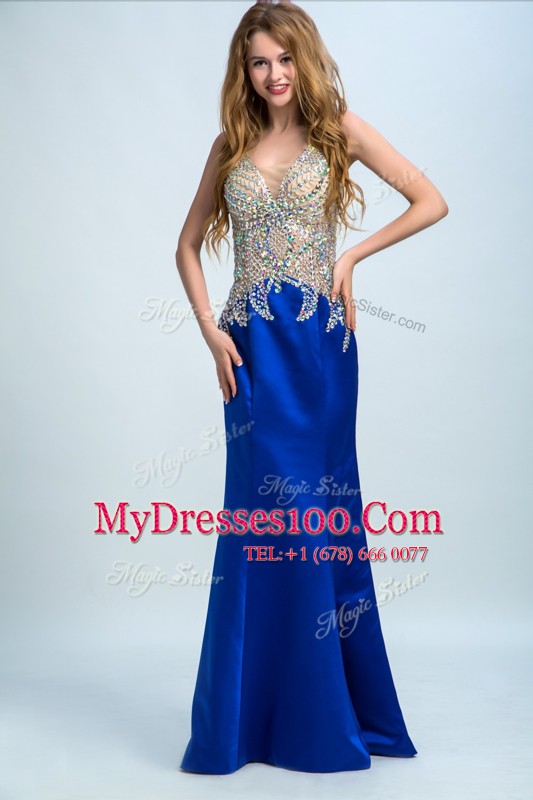 Flirting V-neck Sleeveless Backless Dress for Prom Royal Blue Chiffon