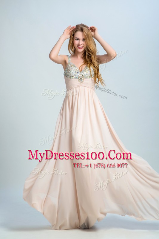Fancy Beading Prom Party Dress Champagne Zipper Sleeveless Floor Length Brush Train