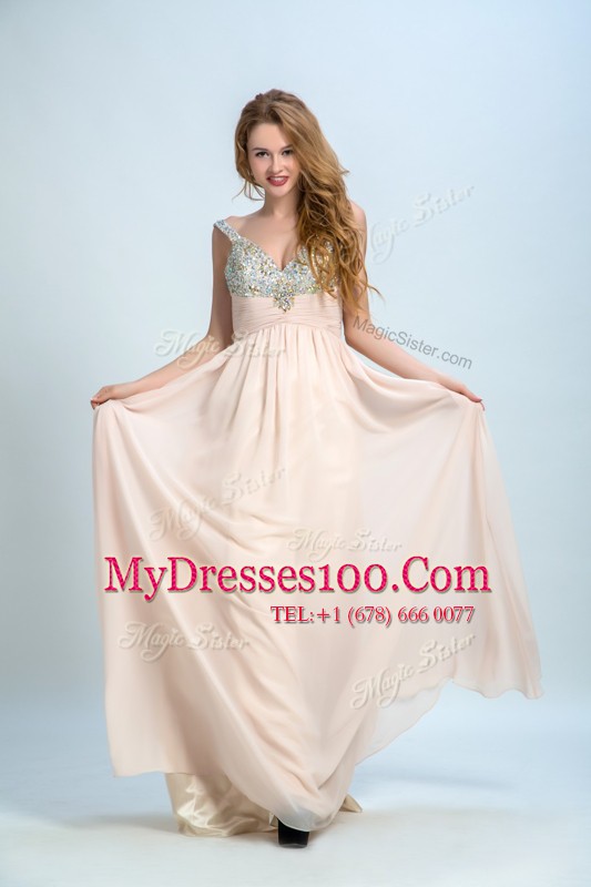 Fancy Beading Prom Party Dress Champagne Zipper Sleeveless Floor Length Brush Train