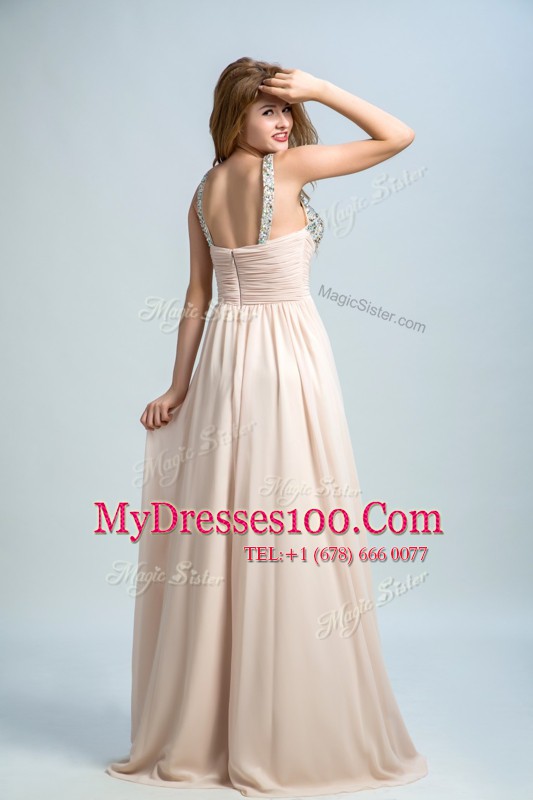Fancy Beading Prom Party Dress Champagne Zipper Sleeveless Floor Length Brush Train