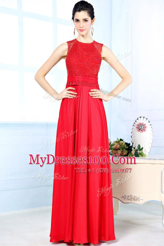 Scoop Red Chiffon Zipper Mother Of The Bride Dress Sleeveless Floor Length Beading