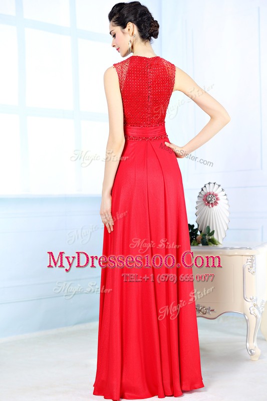 Scoop Red Chiffon Zipper Mother Of The Bride Dress Sleeveless Floor Length Beading
