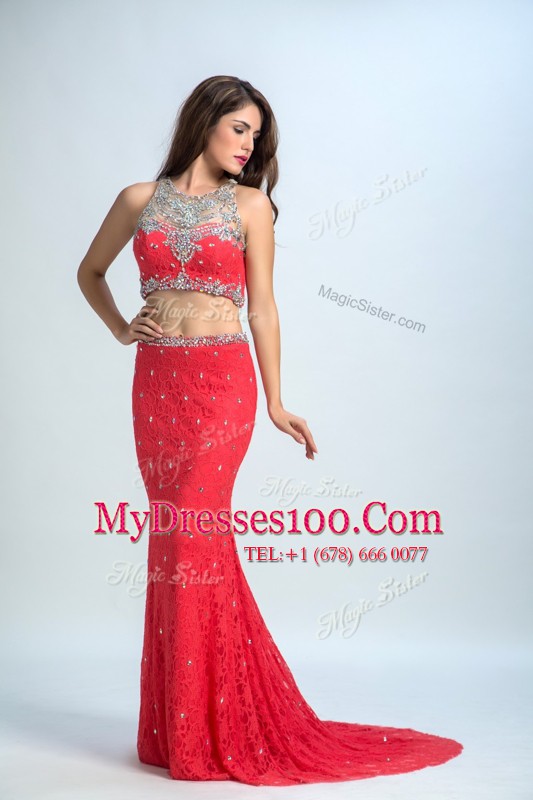 Pretty Mermaid Coral Red Scoop Neckline Beading Prom Party Dress Sleeveless Zipper