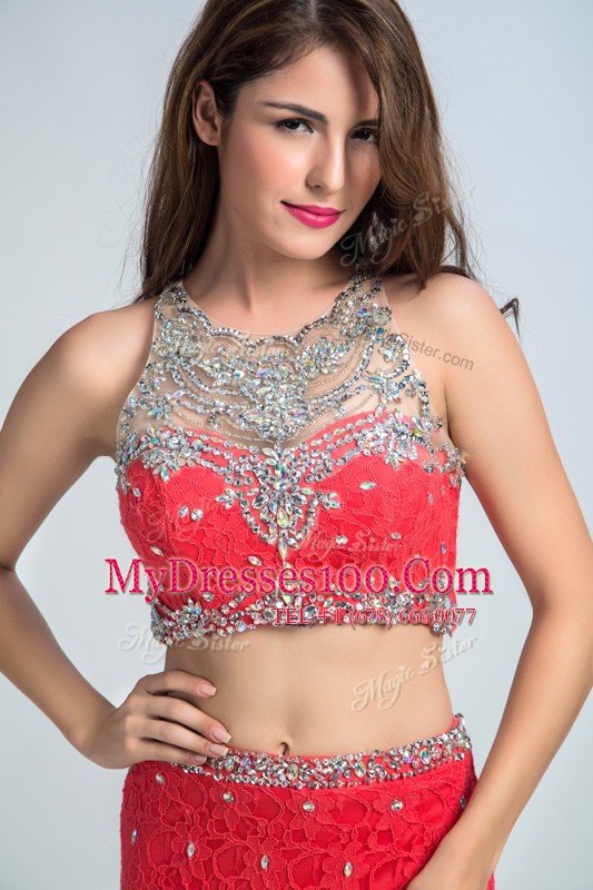Pretty Mermaid Coral Red Scoop Neckline Beading Prom Party Dress Sleeveless Zipper