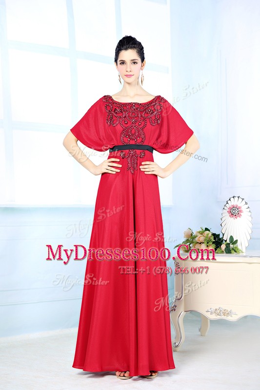 Red Zipper Bateau Beading Mother Of The Bride Dress Satin Sleeveless