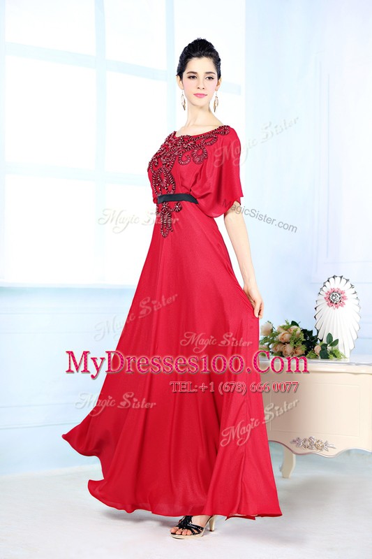 Red Zipper Bateau Beading Mother Of The Bride Dress Satin Sleeveless