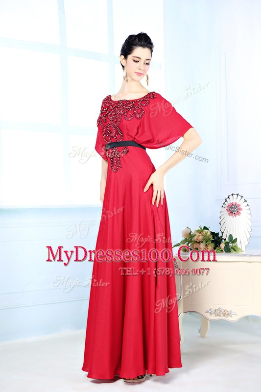 Red Zipper Bateau Beading Mother Of The Bride Dress Satin Sleeveless