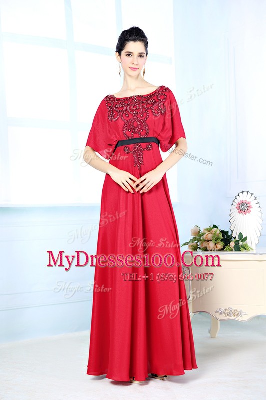 Red Zipper Bateau Beading Mother Of The Bride Dress Satin Sleeveless