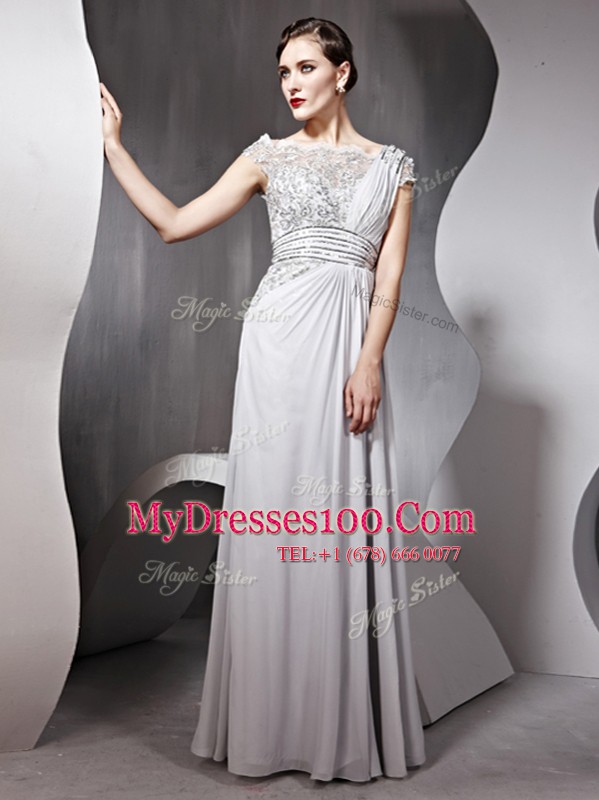 Wonderful Cap Sleeves Chiffon Floor Length Side Zipper Prom Gown in Silver with Appliques and Ruching