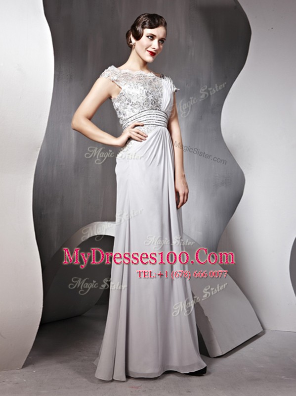 Wonderful Cap Sleeves Chiffon Floor Length Side Zipper Prom Gown in Silver with Appliques and Ruching