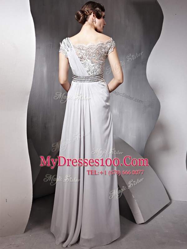 Wonderful Cap Sleeves Chiffon Floor Length Side Zipper Prom Gown in Silver with Appliques and Ruching