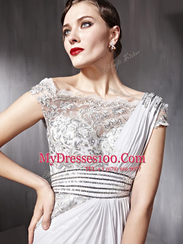 Wonderful Cap Sleeves Chiffon Floor Length Side Zipper Prom Gown in Silver with Appliques and Ruching