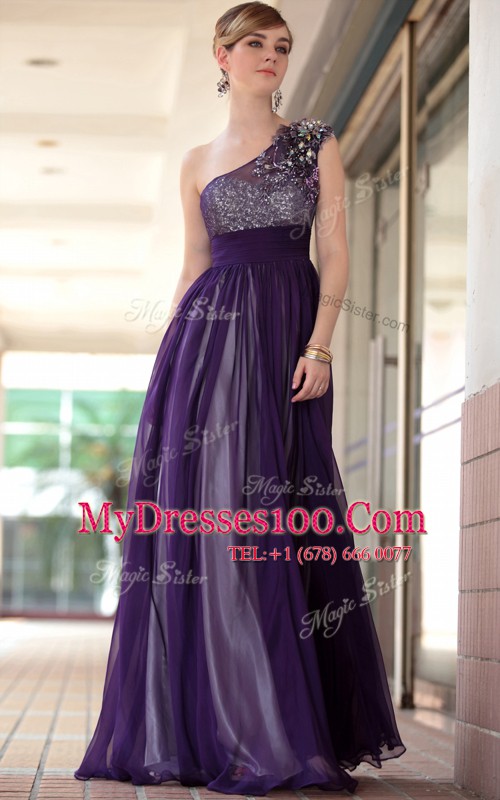 Purple Side Zipper One Shoulder Beading and Appliques Prom Gown Chiffon Sleeveless