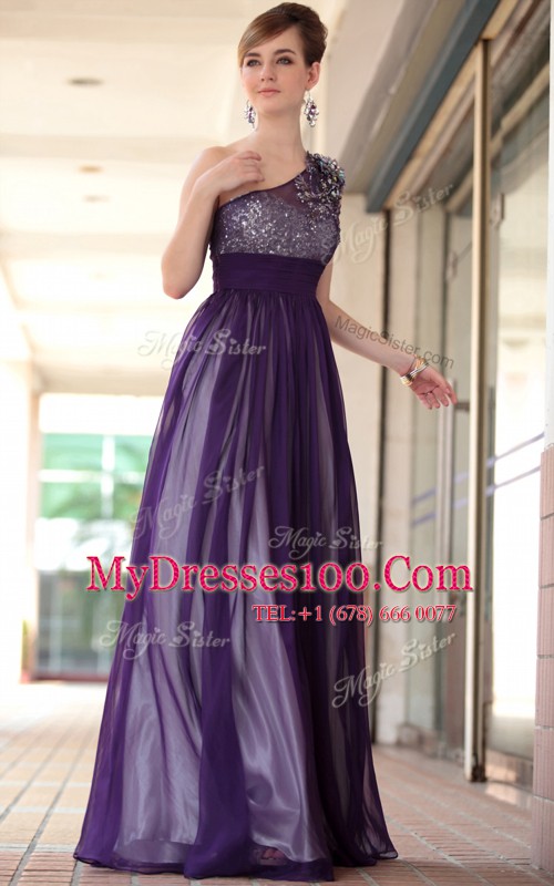 Purple Side Zipper One Shoulder Beading and Appliques Prom Gown Chiffon Sleeveless