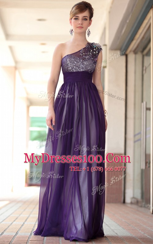 Purple Side Zipper One Shoulder Beading and Appliques Prom Gown Chiffon Sleeveless