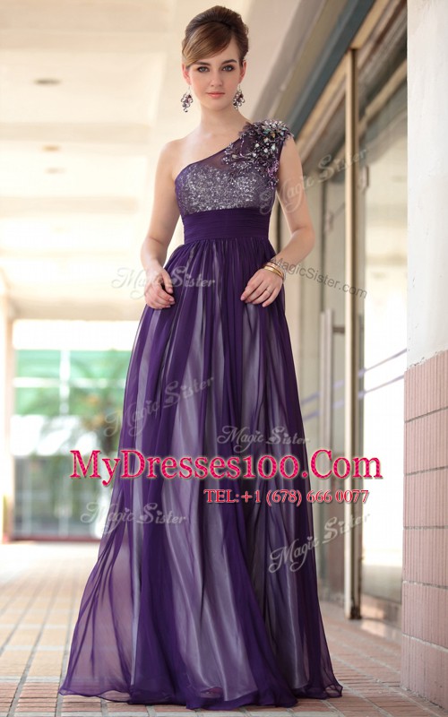 Purple Side Zipper One Shoulder Beading and Appliques Prom Gown Chiffon Sleeveless
