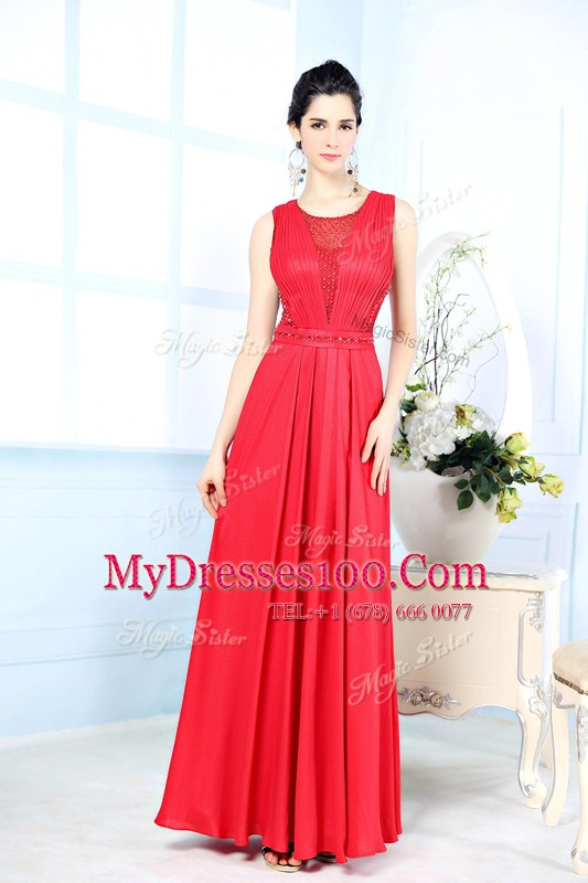Red Chiffon Zipper Scoop Sleeveless Floor Length Prom Gown Ruching