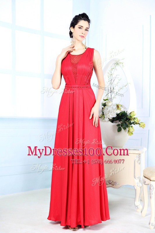 Red Chiffon Zipper Scoop Sleeveless Floor Length Prom Gown Ruching