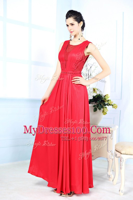 Red Chiffon Zipper Scoop Sleeveless Floor Length Prom Gown Ruching
