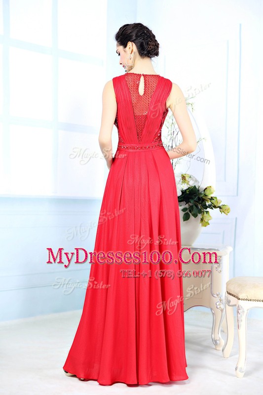 Red Chiffon Zipper Scoop Sleeveless Floor Length Prom Gown Ruching
