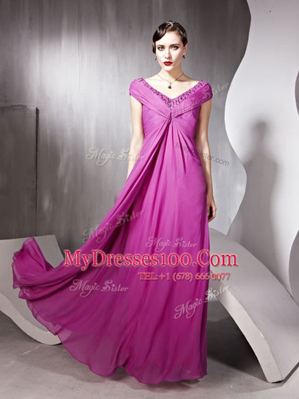 Rose Pink V-neck Zipper Beading and Ruching Prom Gown Cap Sleeves