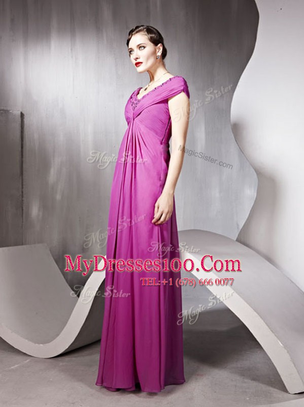 Rose Pink V-neck Zipper Beading and Ruching Prom Gown Cap Sleeves