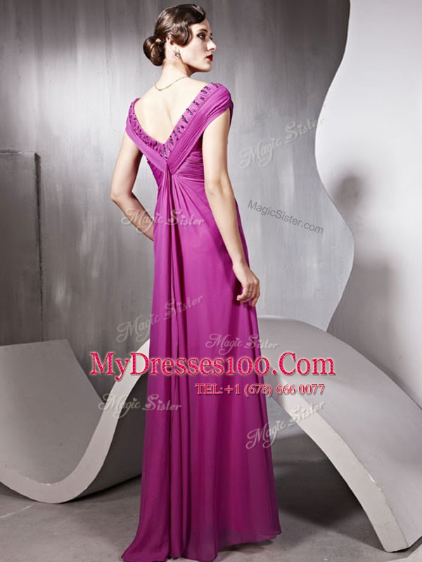 Rose Pink V-neck Zipper Beading and Ruching Prom Gown Cap Sleeves