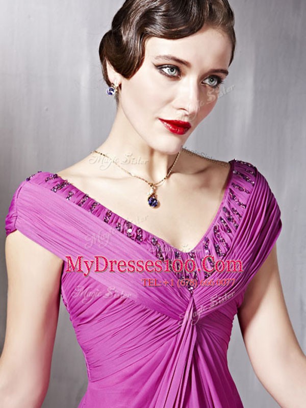 Rose Pink V-neck Zipper Beading and Ruching Prom Gown Cap Sleeves