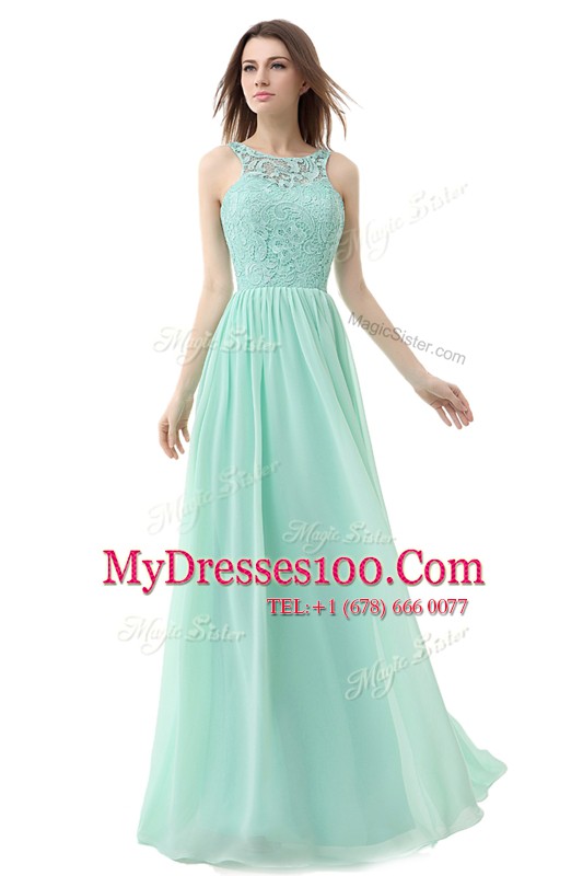 Romantic Empire Cocktail Dresses Apple Green Scoop Chiffon and Tulle Sleeveless Floor Length Zipper