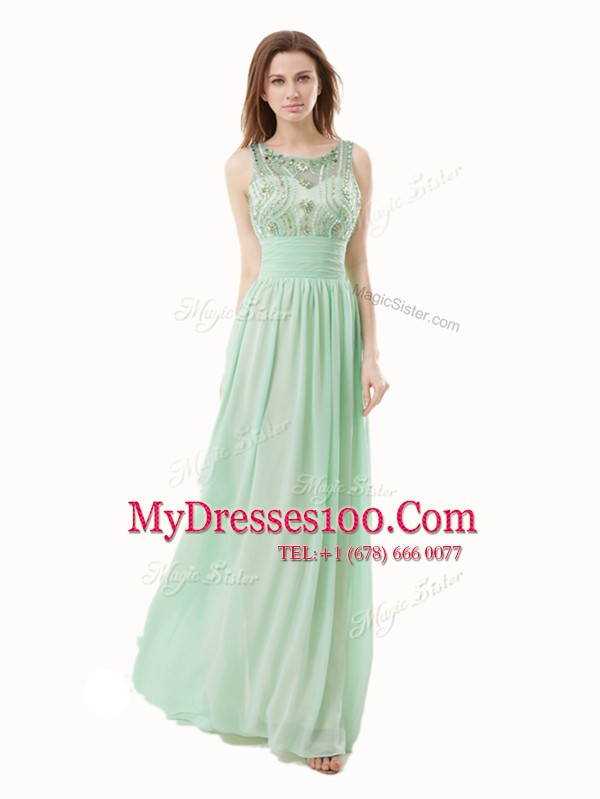 Deluxe Scoop Apple Green Sleeveless Floor Length Beading and Bowknot Zipper Homecoming Dress