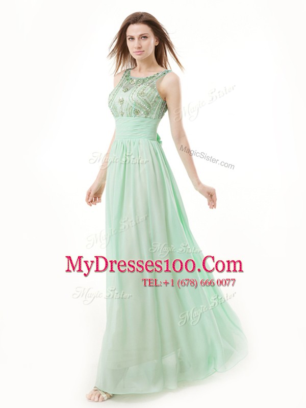 Deluxe Scoop Apple Green Sleeveless Floor Length Beading and Bowknot Zipper Homecoming Dress
