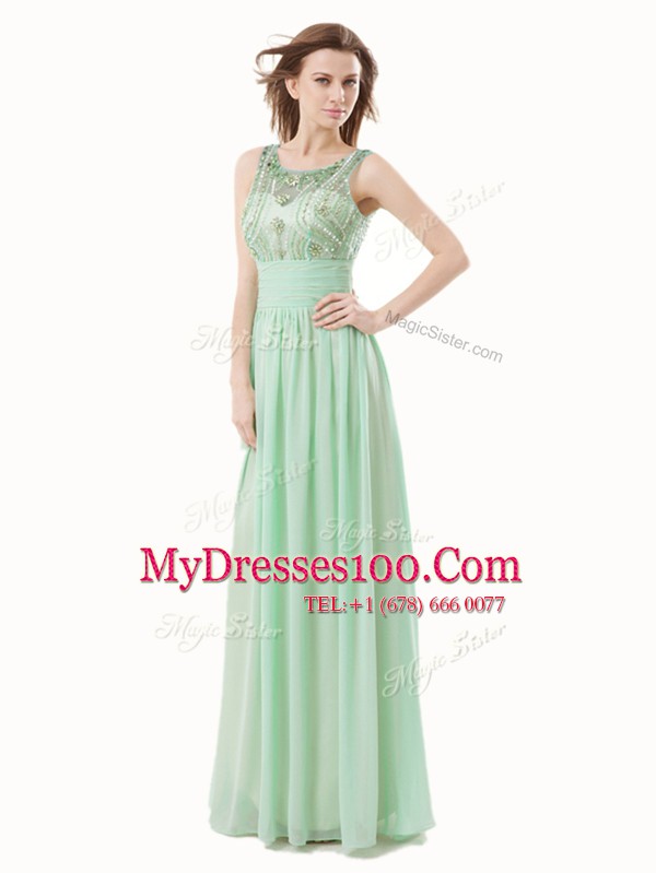 Deluxe Scoop Apple Green Sleeveless Floor Length Beading and Bowknot Zipper Homecoming Dress