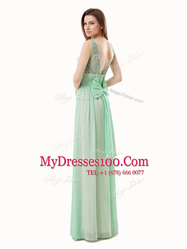 Deluxe Scoop Apple Green Sleeveless Floor Length Beading and Bowknot Zipper Homecoming Dress
