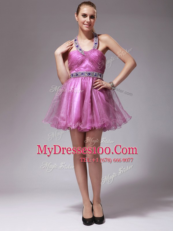 Low Price Organza Halter Top Sleeveless Zipper Beading Prom Party Dress in Rose Pink