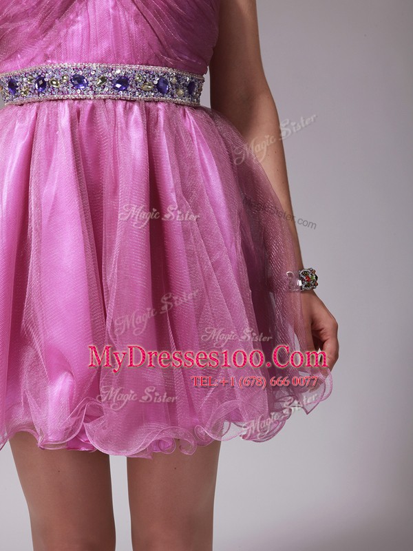 Low Price Organza Halter Top Sleeveless Zipper Beading Prom Party Dress in Rose Pink
