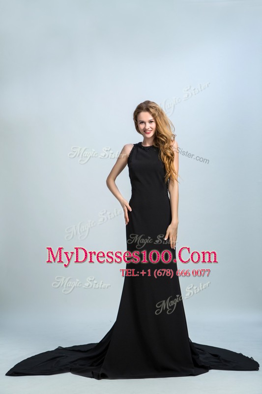 Black Column/Sheath Organza Halter Top Sleeveless Lace With Train Zipper Prom Dress Brush Train
