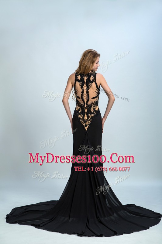 Black Column/Sheath Organza Halter Top Sleeveless Lace With Train Zipper Prom Dress Brush Train