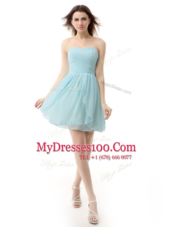 Modern Knee Length Lace Up Prom Evening Gown Light Blue for Prom and Party with Ruching