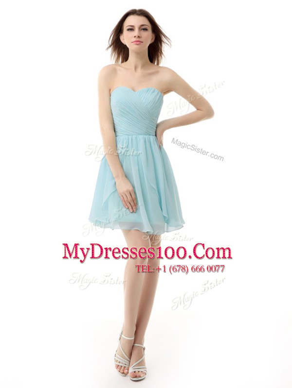 Modern Knee Length Lace Up Prom Evening Gown Light Blue for Prom and Party with Ruching