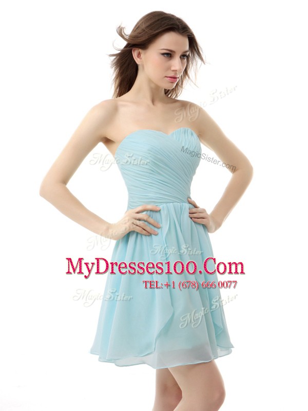 Modern Knee Length Lace Up Prom Evening Gown Light Blue for Prom and Party with Ruching