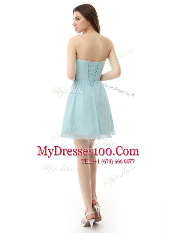 Modern Knee Length Lace Up Prom Evening Gown Light Blue for Prom and Party with Ruching