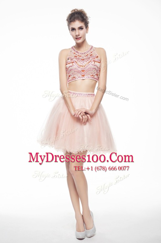 Peach Scoop Neckline Beading Cocktail Dress Sleeveless Backless