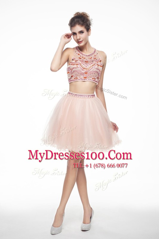 Peach Scoop Neckline Beading Cocktail Dress Sleeveless Backless