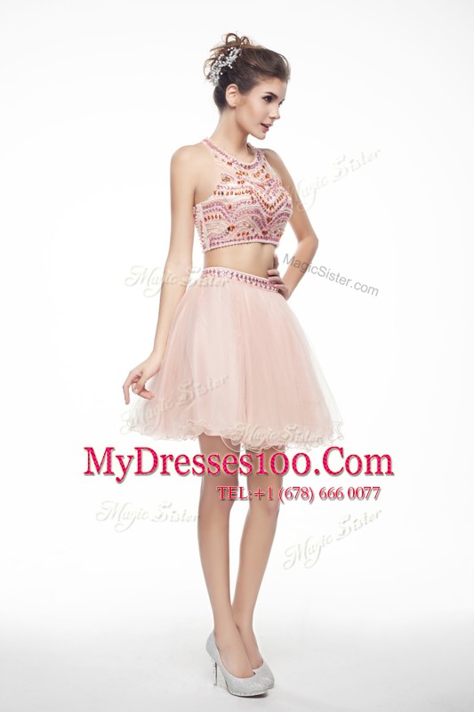 Peach Scoop Neckline Beading Cocktail Dress Sleeveless Backless