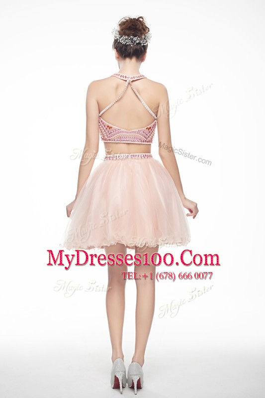 Peach Scoop Neckline Beading Cocktail Dress Sleeveless Backless